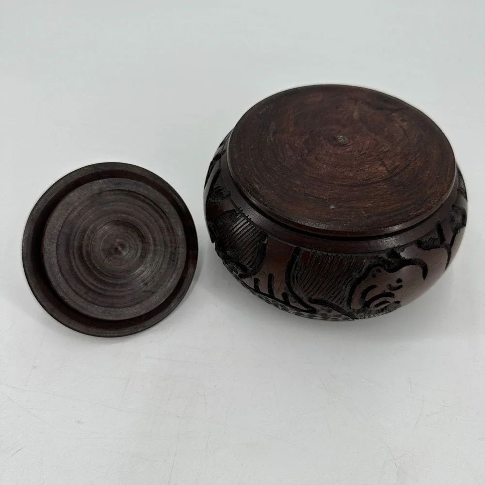 Vintage Hand Carved Wooden Lidded Trinket‎ Box - Rhino Design Folk Art